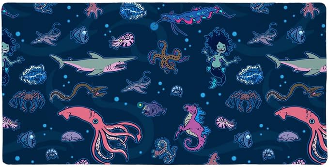 Creepy Deep Sea Creatures Pattern with Mermaid Squid and Shark Large Gaming Mouse Pad Desk Mat with Stitched Edges Non-Slip Base