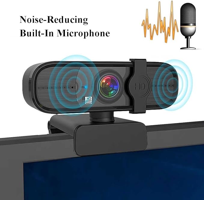 GIZNXBA Video Webcam Noise Cancellation Privacy Cover Wide-Angle Lens Auto Light Correction Auto Focus Function Plug &amp Play USB Webcam for PC Laptop Desktop(Black B2k)