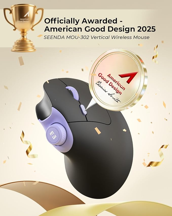 seenda Ergonomic Mouse Wireless MOU-302 Bluetooth Vertical Mouse Rechargeable Optical Mice with 1000/1600/2400 DPI Volume Knob 3 Multi-Device Connectivity for Computer/PC/Laptop/Mac Black Purple