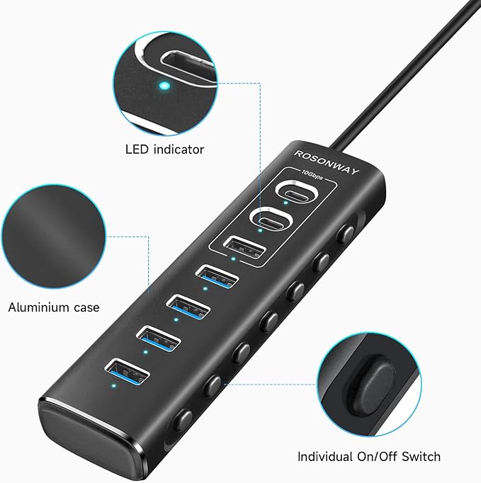Powered USB Hub Rosonway 7-Port USB 3.2/USB C Hub with 10Gbps USB-A 3.2 2 USB-C 3.2 4 USB 3.0 Ports Individual Switches and 12V Power Adapter Aluminum USB Port Expander for Laptop/PC RSH-A107C