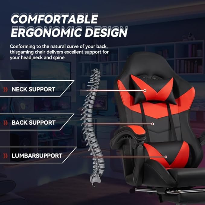 Ergonomic Gaming Chair with RGB Lighting - PU Leather &amp Adjustable Armrests 300lbs+ Capacity Remote Control LED Strips Aluminum Structure Computer Chair for Home Office (Black and Red)