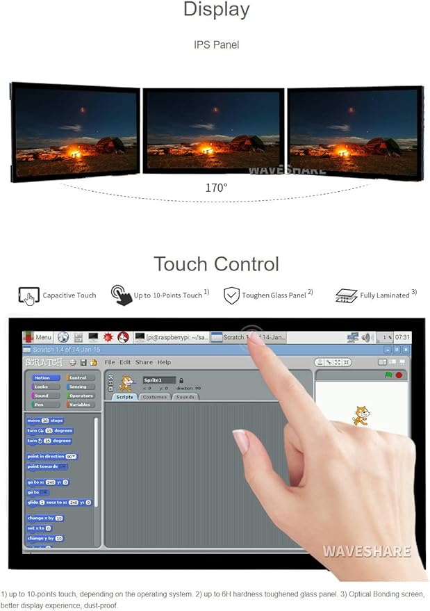 waveshare 10.1inch Capacitive Touch Screen LCD (E) 1024×600 HDMI IPS Optical Bonding Display Compatible with Raspberry Pi 5/4B/3B+/3A+/3B/2B/1B+/1A+/Zero 2 W/Zero W Jetson Nano and PC Game Console