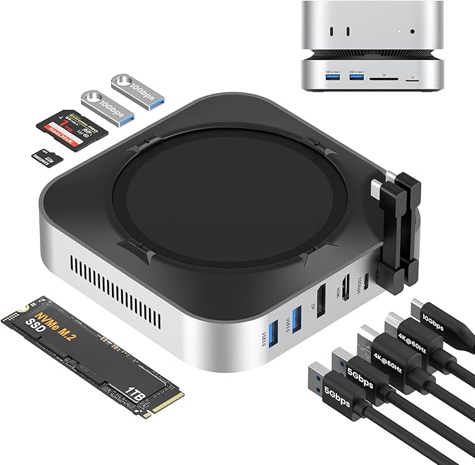 Mac mini M4 Dock with NVMe SSD Enclosure 40Gbps 8TB SSD Support 10-in-2 USB-C Hub with 2×USB-A USB-C 10Gbps 2×USB-A 5Gbps HDMI DP SD/TF Reader Magnetic Cover