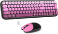 Wireless Keyboard and Mouse Combo MOWUX Compact Typewriter Retro Round Computer Keyboard Cute Optical Mouse Wireless Plug and Play for Laptop PC Computer- Black Pink Gradient