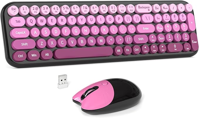 Wireless Keyboard and Mouse Combo MOWUX Compact Typewriter Retro Round Computer Keyboard Cute Optical Mouse Wireless Plug and Play for Laptop PC Computer- Black Pink Gradient