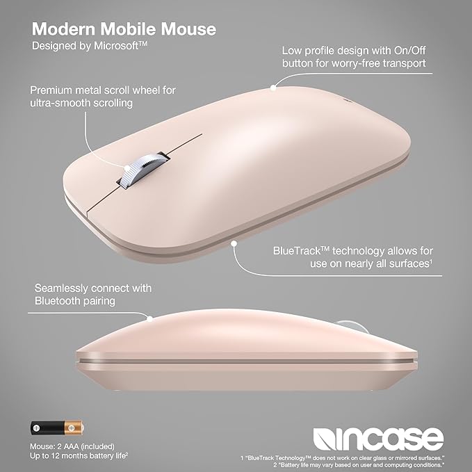 Incase Modern Mobile Mouse – Designed by Microsoft – Lightweight Precision Navigation Right/Left Hand Use Scroll Wheel BlueTrack Technology Wireless Bluetooth for Mac/Windows/8/10/11 (Sandstone)
