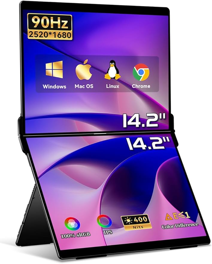 EHOMEWEI X1 Air 14.2 Inch 90Hz Refresh Rate with 2.8K Display Dual-Screen 400 Nit Brightness 100% sRGB Portable Monitor for Gaming and Office Working