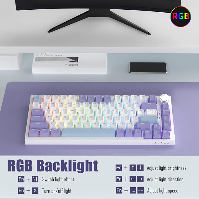AJAZZ AK820 75% Wired RGB Gasket Mechanical Keyboard with Volume Knob Compact 82 Keys Hot-Swap Keyboard OME Profile PBT Keycap Detachable Type-C Cable (Purple&ampBlue)