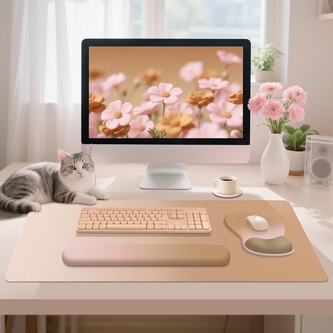 4-in-1 Large Gaming Mouse Pad Keyboard Wrist Rest Pad &amp Wrist Support Mousepad Set Extended Desk Pad Waterproof Desk Mat Protector for Home Office Decor Study Game 35.4×15.7 Inches I Milk Tea Br
