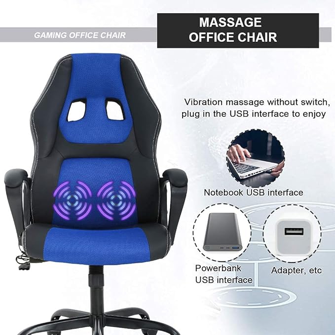 Liphontcta Racing Gaming Chair Ergonomic Game Office Chair with Massage Lumbar Support Headrest Armrest High-Back Adjustable PU Leather Rolling Swivel Computer Desk Chair for Home Office