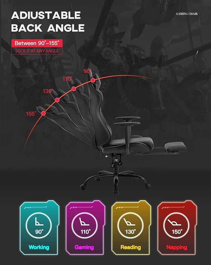 PU Leather Ergonomic Gaming Chair with Massage Lumbar Support Footrest and Armrest - Big and Tall Racing Style for Adults Gaming Work Study
