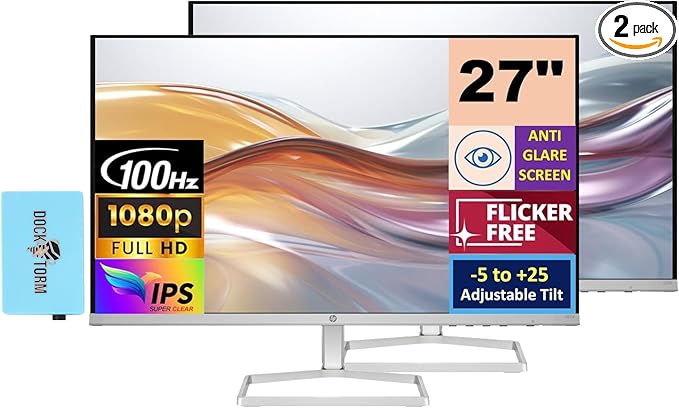 HP Series 5 527sf Monitor (Replaces M27f) 27 IPS FHD 300 nits Display w/DKZ USB Port Expander -5 to +25 Degrees Adjustable Tilt Flicker Free Anti-Glare 1x HDMI Black/Silver (2 Pack)