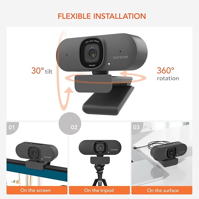 NUROUM V15AF 2K Webcam for PC 1080P 60fps Autofocus HD Webcam with Dual Noise Cancelling Microphone 75° FOV&ampLight Correction USB Web Camera Plug&ampPlay for Zoom/TeamsGrey