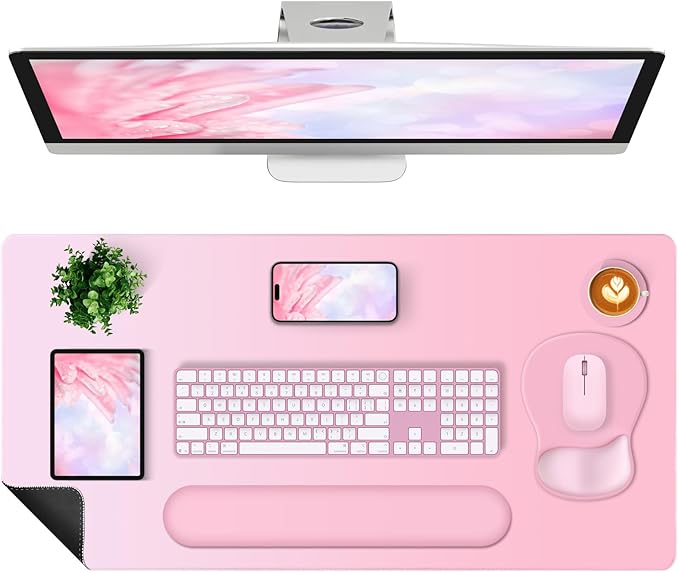 4-in-1 Large Gaming Mouse Pad Keyboard Wrist Rest Pad &amp Wrist Support Mousepad Set Extended Desk Pad Waterproof Desk Mat for Girl Women Home Office Decor Study Game 35.4×15.7 Inches I Soft Pink