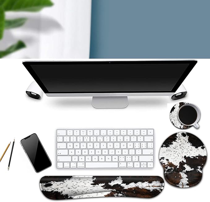 Ergonomic Mouse Pad Gel Wrist Support and Memory Foam Keyboard Wrist Rest Set for Gaming Computer Office Laptop Easy Typing Wireless Mouse Mat Black &amp White Cowhide Fur Pattern Office Desk Pad