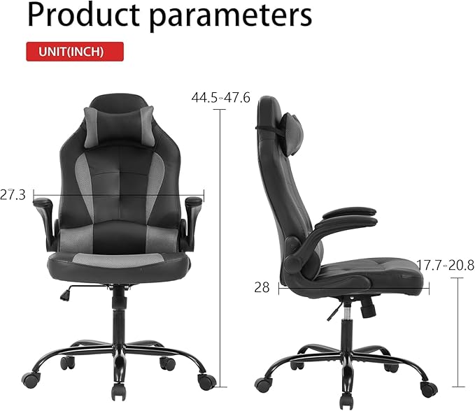 Gaming Chair High Back Computer Chair Egonomic Office Chair PU Leather Video Game Chairs Swivel Executive Chairwith Flip Up Arm Headrest Racing Chairs Rolling Chair for Adults Grey