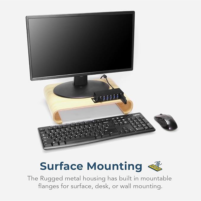 Coolgear 7 Port USB Hub w/Power Adapter - 5Gbps Data ESD Protection Self-Powered with DC Input Mountable Metal Housing