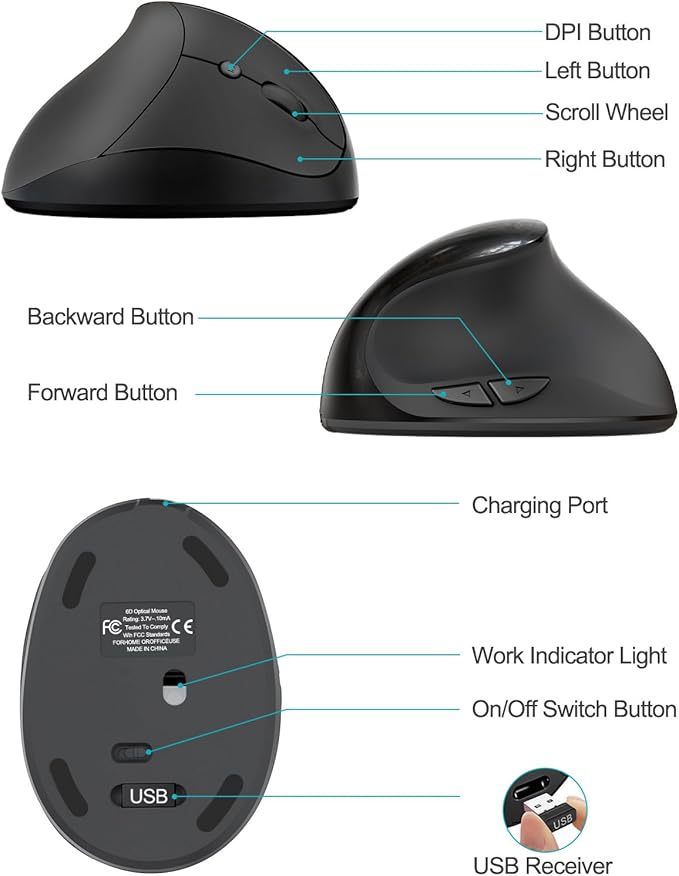 Lekvey Ergonomic Mouse Vertical Wireless Mouse for Small/Medium Hands Rechargeable with USB Receiver 3 DPI for Comfort Relieves Wrist Pain Carpal Tunnel Mouse for Laptop PC Computer Mac Black
