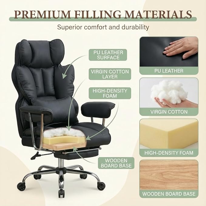 Big and Tall Office Chair 400lbs - Heavy Duty Executive Desk Chair with Footrest High Back PU Leather Ergonomic Computer Chair with Extra Wide Seat &amp Thick Cushion for Home Office (Black)