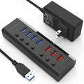 Powered USB Hub RSHTECH 7 Ports USB 3.0 Hub with 4 High Speed Data Transfer Ports + 3 Fast Charging Ports36W 12V/3A Power Adapter and Individual On/Off Switches(A37-Black)