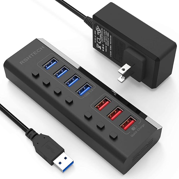 Powered USB Hub RSHTECH 7 Ports USB 3.0 Hub with 4 High Speed Data Transfer Ports + 3 Fast Charging Ports36W 12V/3A Power Adapter and Individual On/Off Switches(A37-Black)