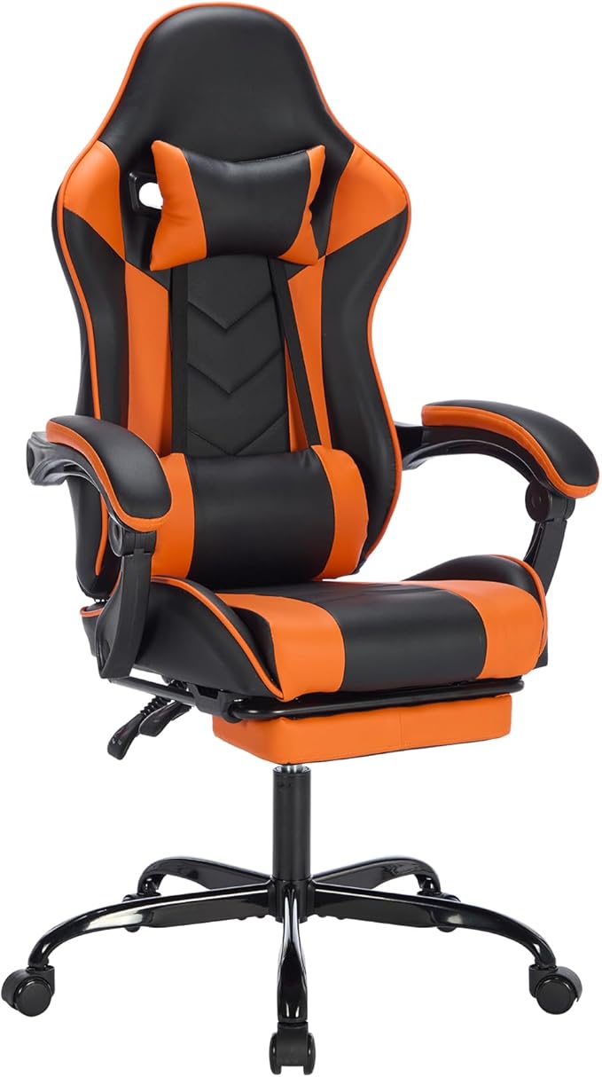 Versatile Gaming Chair with Footrest - Ergonomic Black Orange Leather Model Featuring Headrest &amp Lumbar Support Breathable and Height Adjustable for Ultimate Comfort in Gaming