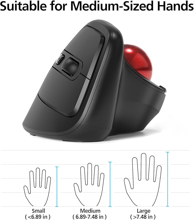 MicroPack Ergonomic Wireless Mouse with Trackball and 5 Adjustable DPI Easy Thumb Control Precise &amp Smooth Tracking. Update Bluetooth Medium-Sized Right Hand Mouse for Laptop PC Mac Windows