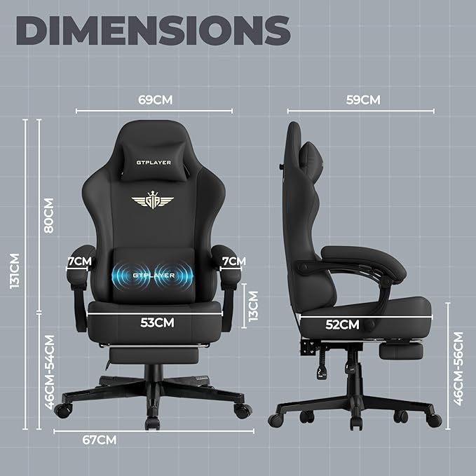 GTPLAYER Gaming Chair with Pocket Spring Cushion Big and Tall Gamings Chairs 350LBS High Back Computer Chair with Footrest for Adults Lumbar Support Swivel Game Chair for OfficeLeather Black-Massage