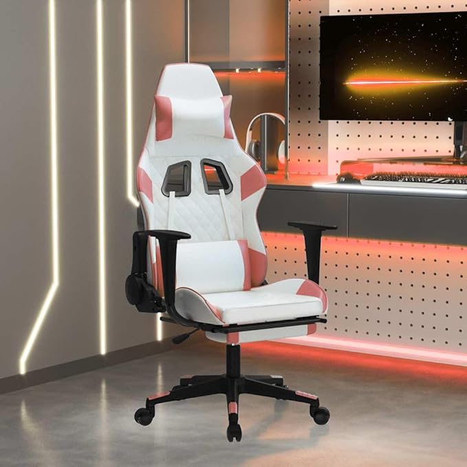 White Pink Faux Leather Gaming Chair Ergonomic Reclining Office Desk Chair with Footrest USB Massage Lumbar Support