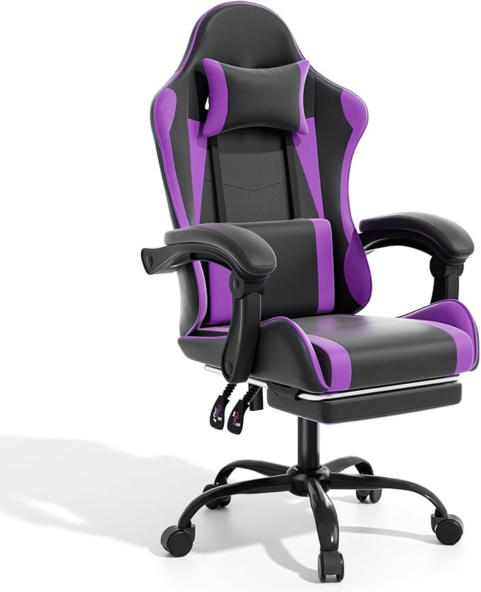 Magshion Gaming Chair Ergonomic Computer Chair with Linkage Armrests Height Adjustable Video Game Chair with Footrest and Headrest for Silla Gamer and Adults 350 Lbs Capacity Purple