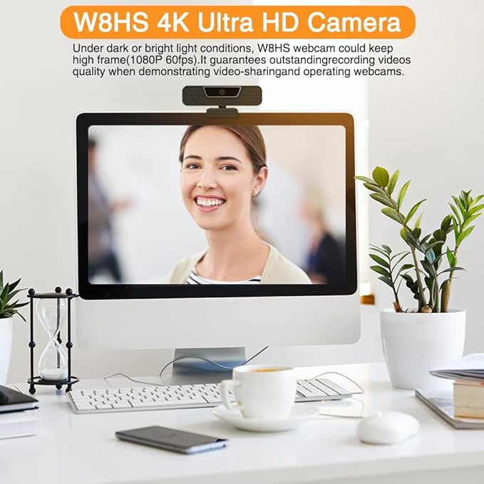 4K Webcam 8MP Ultra HD Live Video Conference Camera with Built-in 4 Microphones 360 Degree Swivel Computer Web Camera with Privacy Shutter and Tripod USB Webcam for PC Mac Laptop Computer