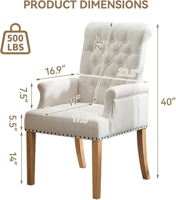 Adjustable Office Computer Chair with Armrest Solid Wood Leg Upholstered Tufted High Back Dining Room Decorate Fabric Chair with Arms(Beige)