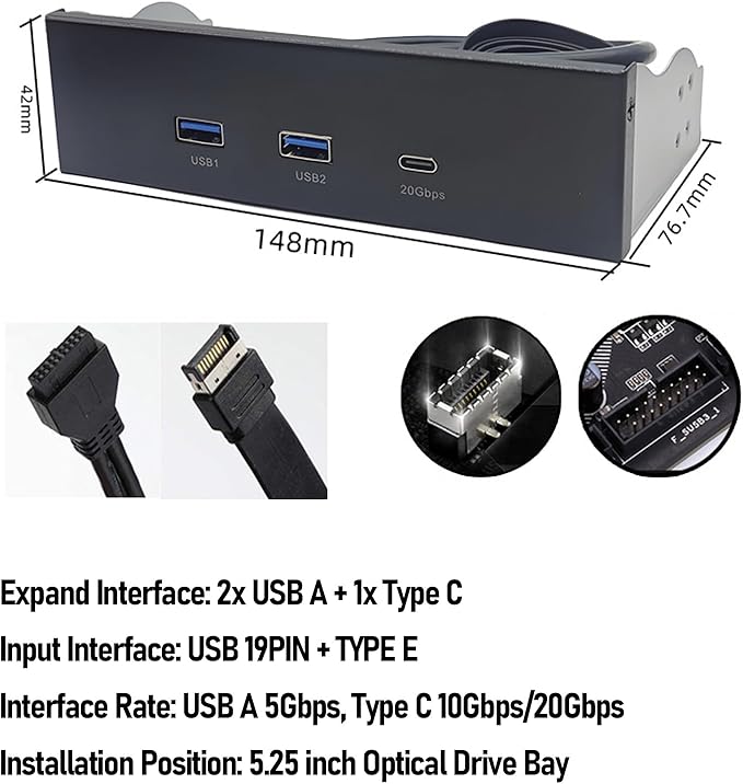 fosa 5.25 Inch Optical Drive Front Panel USB 3.0 Hub with 2X USB A &amp 1x Type C Ports 5Gbps / 10Gbps / 20Gbps for PC Motherboard 19PIN + Type E
