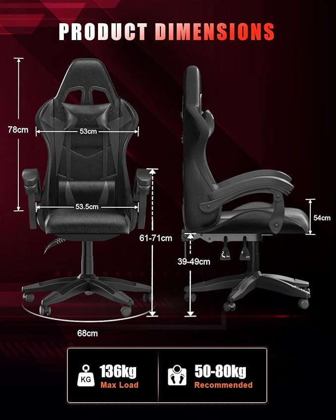 Gaming Chair with RGB LED Lights Ergonomic Computer Chair with Headrest and Lumbar Support PU Leather High Back Height Adjustable Swivel Video Game Chairs for Adults(Black)