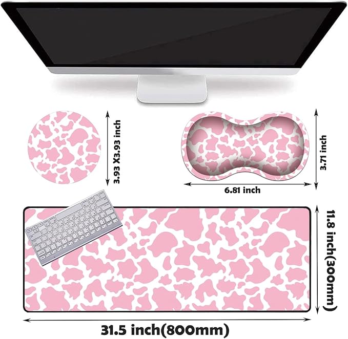XMTMR-Glass Extended Gaming Mouse Pad with Seam Long XL Desktop Keyboard Pad Suitable for Work/Game/Office/Home Butterfly Wrist Rest Pad and Coaster White and PinkCow Grain