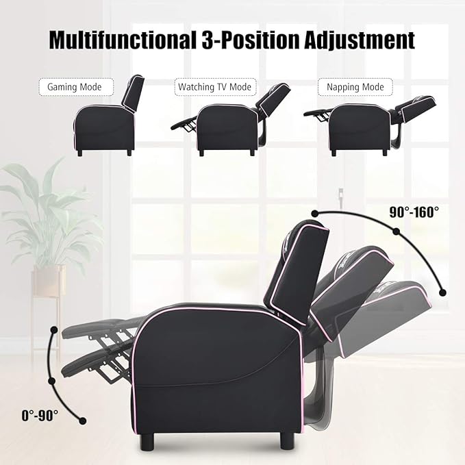 POWERSTONE Gaming Recliner Chair Reclining Gaming Chairs for Adults Ergonomic Leather Sofa with Footrest Lumbar Support Headrest and Side Pouch for Living Room Home Theater Pink