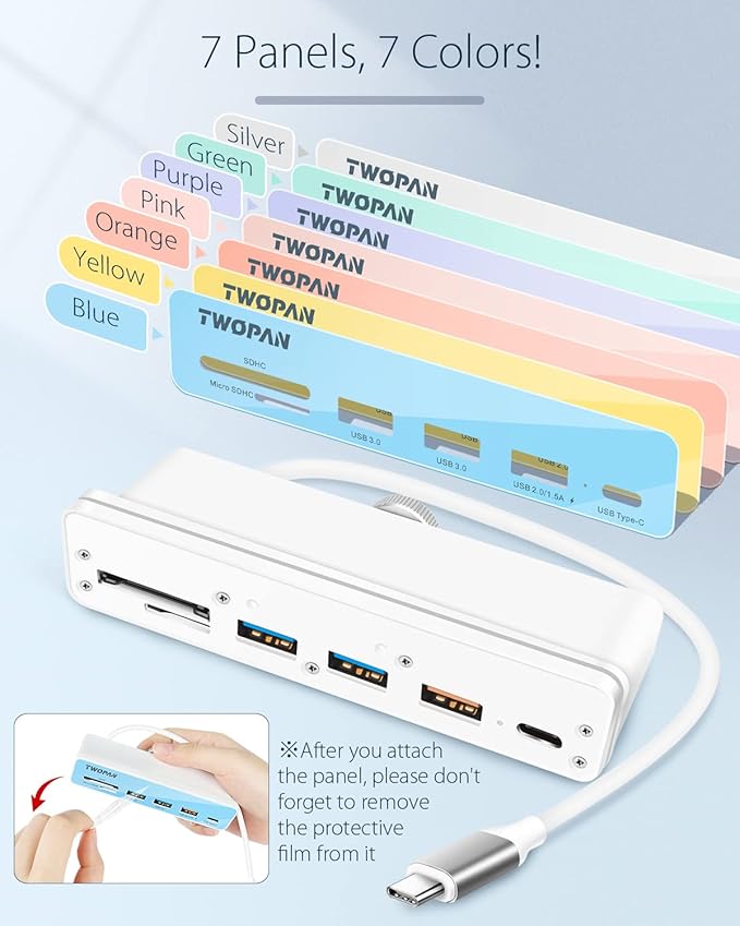 USB C Hub Multiport Adapter for iMac M4/M3/M1 6 in 1 iMac 2024/2023/2021 USB C Port Hub with USB 3.0 Ports SD/Micro SD Card Readers &amp 7 Color Panels
