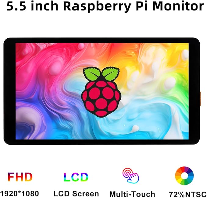 5.5 Inch Touchscreen Monitor for Raspberry Pi LCD Display 1920 * 1080 for Pi RPi 5/4/4B/3B+/3A+ HDMI Support Windows Horizontal Display in Default