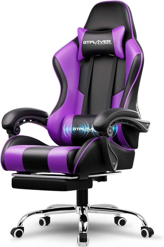 GTPLAYER Gaming Chair Computer Chair with Footrest and Lumbar Support Height Adjustable Game Chair with 360°-Swivel Seat and Headrest and for Office or Gaming (Faux Leather Purple)