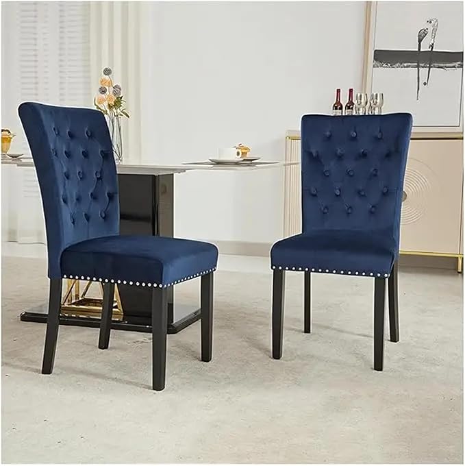 Adjustable Office Computer Chair with Armrest 1pcs Blue Velvet Upholstered Tufted Button Backrest Solid Wood Frame Dining Room Chair