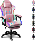 RGB Gaming Chairs with Speakers Ergonomic Massage Computer Chair PU Leather Office Chair Adjustable Desk Chairs with Footrest 360°Swivel Big and Tall Gamer Chair for AdultsPink