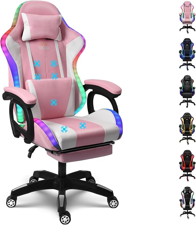 RGB Gaming Chairs with Speakers Ergonomic Massage Computer Chair PU Leather Office Chair Adjustable Desk Chairs with Footrest 360°Swivel Big and Tall Gamer Chair for AdultsPink