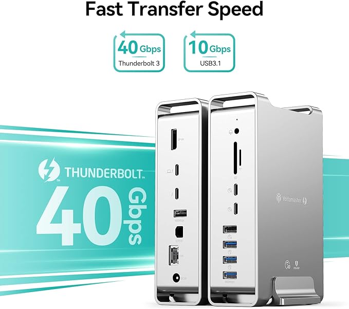 Yottamaster 40Gbps USB C Docking Station Compatible with Thunderbolt 3 15 in 1 USB C Dock for Dual 4K Display DisplayPort 65W PD Charging S/PDIF 6 USB Gigabit Ethernet SD/TF [DS02]