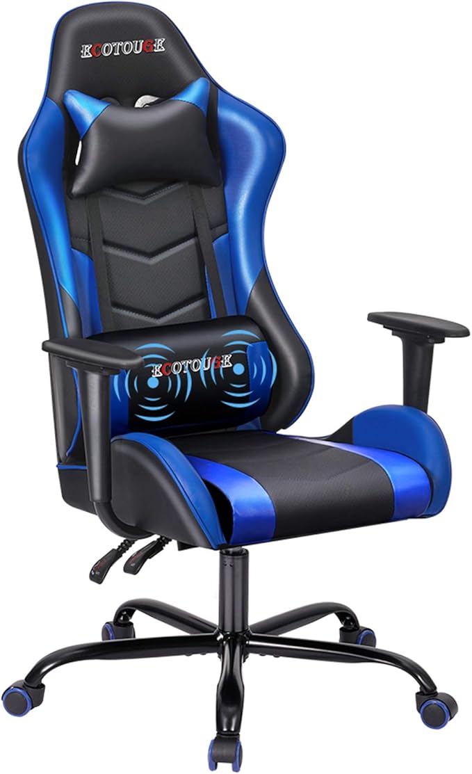 Massage Gaming Chair Video Racing Chair PC High Back Desk Computer Chair PU Leather Recliner w/Headrest and Lumbar Pillow Blue