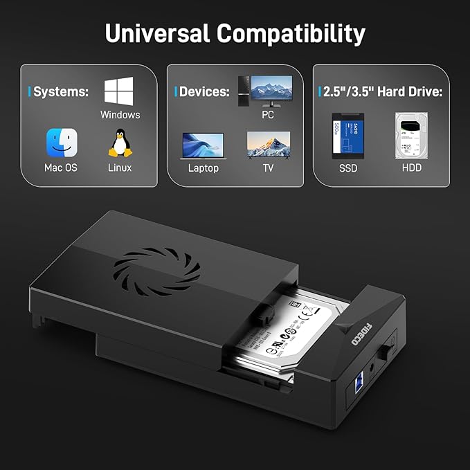 FIDECO Hard Drive Enclosure for 3.5 or 2.5 inch SATA HDD SSD SATA to USB Adapter with Cooling Fan External HDD Enclosure with 12V Power Adapter Support UASP Tool-Free Plug and Play