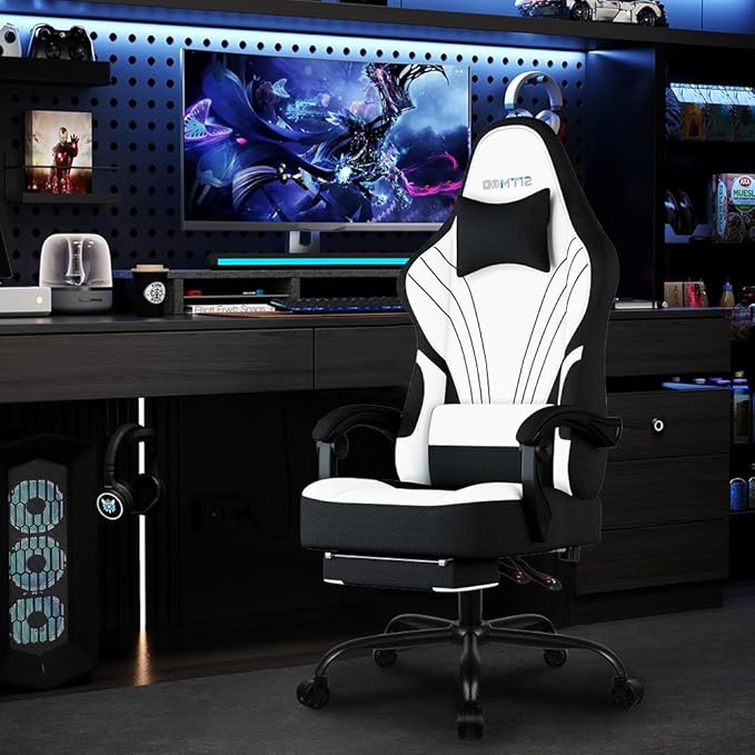 Gaming Chair Fabric Ergonomic Computer Chair with Footrest Video Gamer Chair with Pocket Spring CushionLinkage Armrests and Headrest Lumbar SupportSwivel Height Adjustable Office Chair for Adults