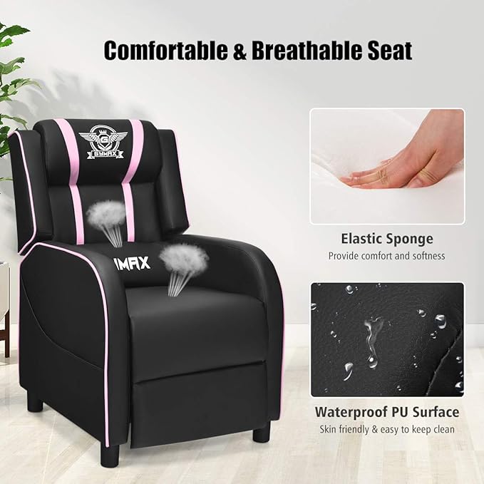 Gaming Recliner Movie Theater Chair w/Adjustable Backrest &amp Footrest Massage Lumbar Pillow Racing Single Sofa PU Leather Reclining Chair for Gaming Room Home Theater (Pink)