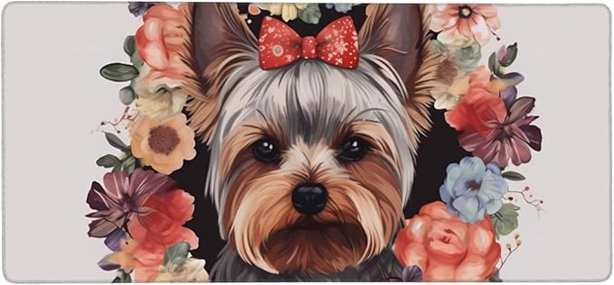 Gaming Mouse Pad Extended Full Keyboard Mat with Stitched Edges Anime Large Desk Pad with Non-Slip Base Yorkie Floral Mouse Mat for Gaming and Office 16 x 35.5 inches Mousepad