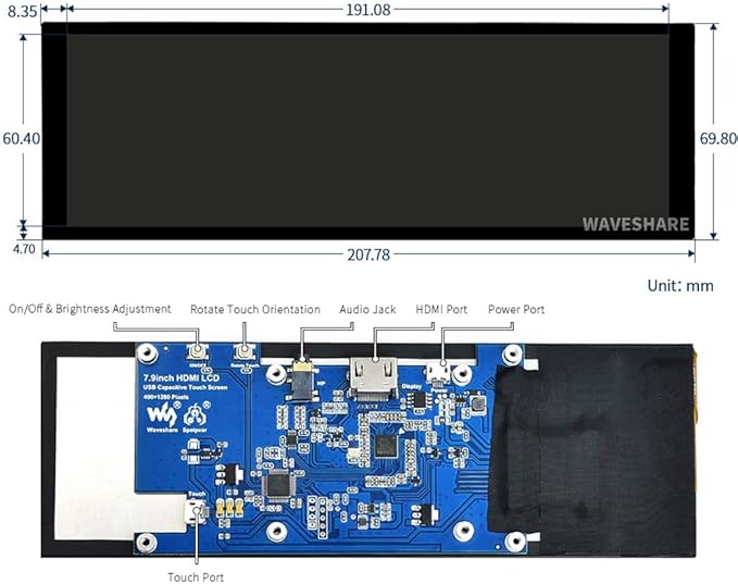 waveshare 7.9inch Capacitive Touch Screen LCD Compatible with Raspberry Pi 5/4B/3B+/3A+/2B/B+/A+/Zero/Zero W/WH/Zero 2W CM3+/4 400×1280 Resolution HDMI IPS Supports Jetson Nano/Windows