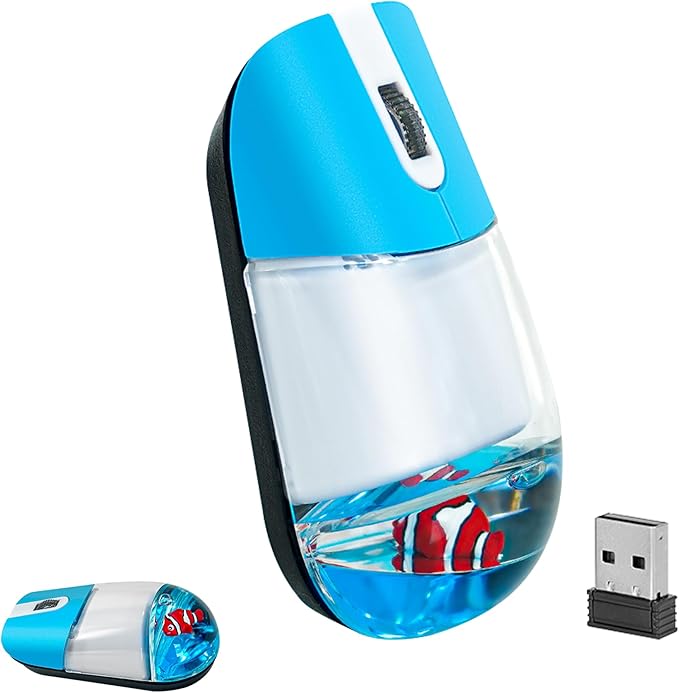 Wireless Mouse with Liquid Water Section &amp Floater Animal Portable Retro Silent Cute Aqua Mouse with USB Receiver Lightweight 1000DPI Optical Clear Water Mice for Laptop PC Computer (Blue Clownfi